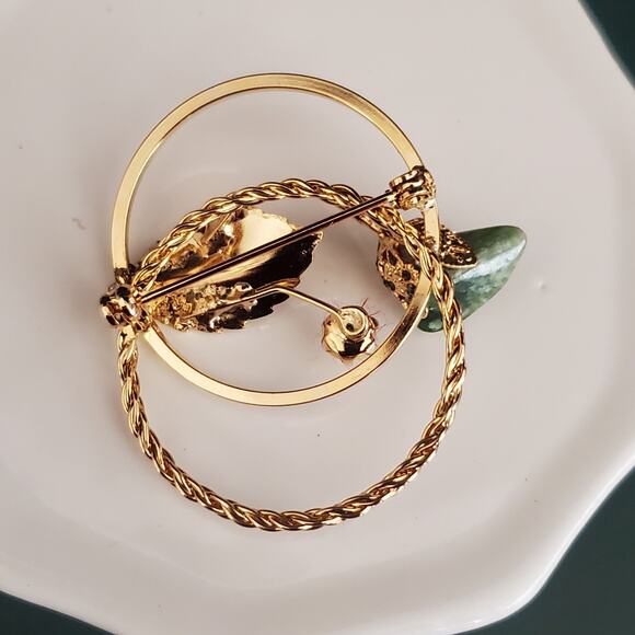 Double Circle Flower Brooch Gold Tone with Jade and Faux Pearl Accents Dainty - Picture 6 of 7